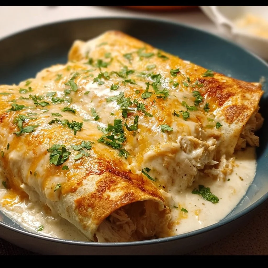 Tasty white rotisserie chicken enchiladas garnished with fresh cilantro