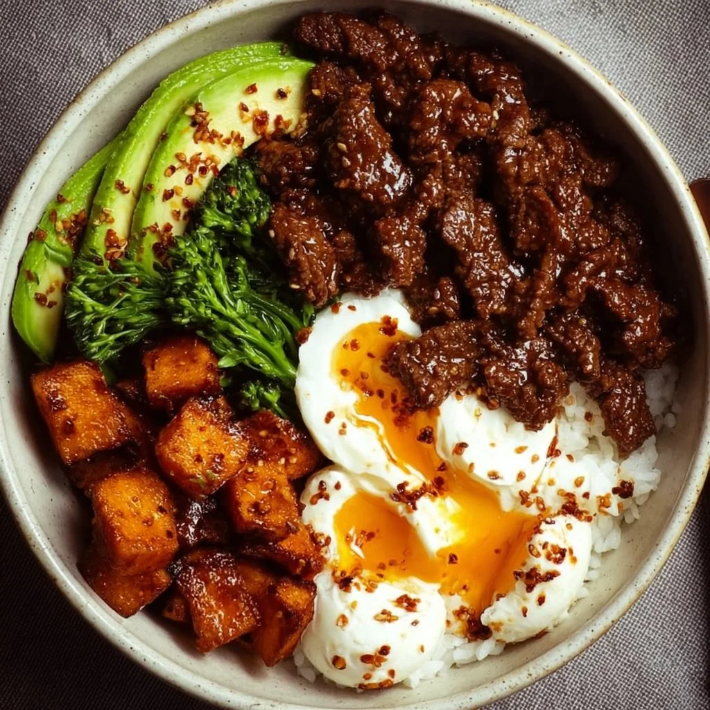 Viral Hot Honey Beef Bowls garnished with fresh herbs and served in a stylish bowl