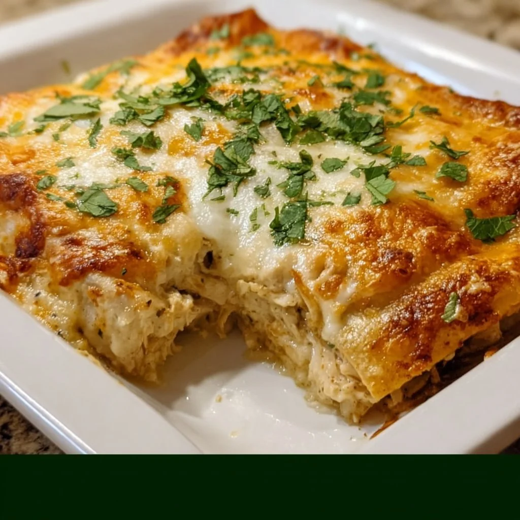 Delicious white chicken enchilada casserole topped with melted cheese and cilantro
